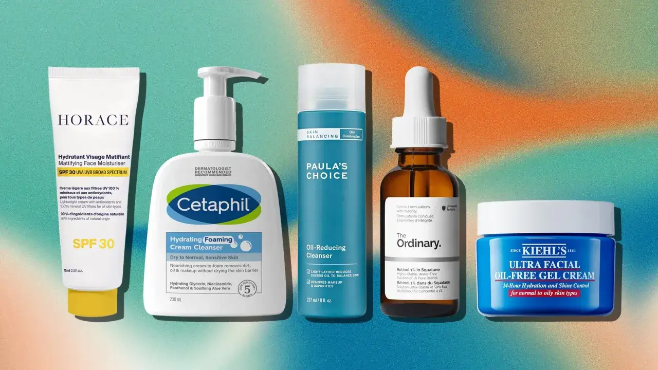 Routine de soins pour homme : hydratant matifiant, nettoyant moussant, nettoyant réducteur de sébum, sérum rétinol et gel hydratant sans huile. Idéal pour contrôler l'excès de sébum homme.