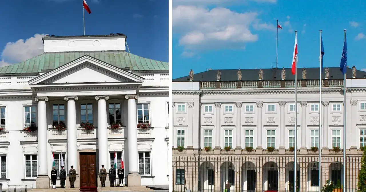 Pałac Prezydencki w Warszawie, gdzie mieszka prezydent Polski. Biały budynek z kolumnami i polską flagą.