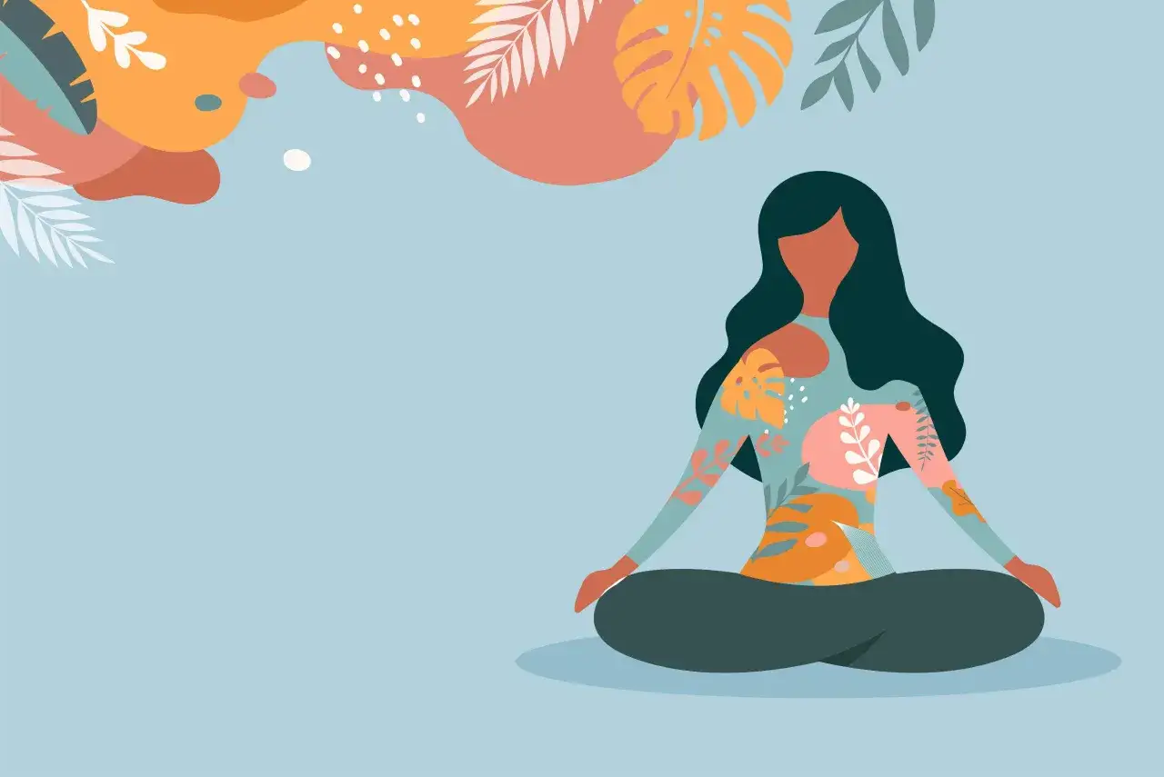 Frauenkörper in Lotusposition, umgeben von bunten Pflanzenmotiven. Ein Symbol für Meditation und Konzentration.