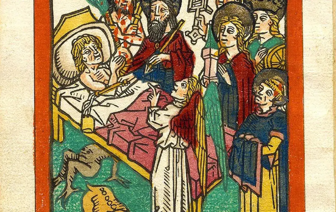 Chory w łóżku, anioł, demon i święci. Ilustracja do ars bene moriendi, sztuki dobrego umierania.