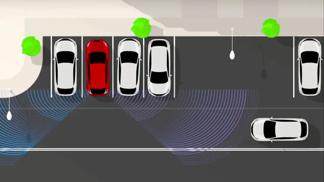 Vista a&eacute;rea de coches aparcados, uno rojo y varios blancos. Las ondas de los sensores de aparcamiento, parte de los sistemas ADAS, cubren el &aacute;rea.