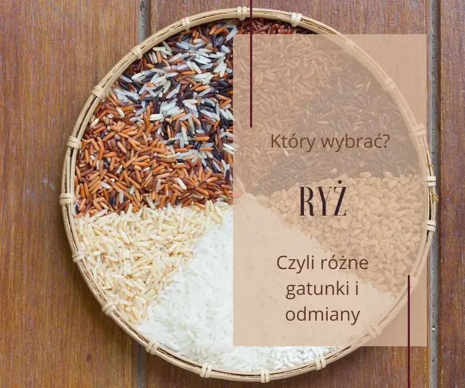 R&oacute;żne rodzaje ryżu w miseczkach z etykietami: biały, brązowy, basmati