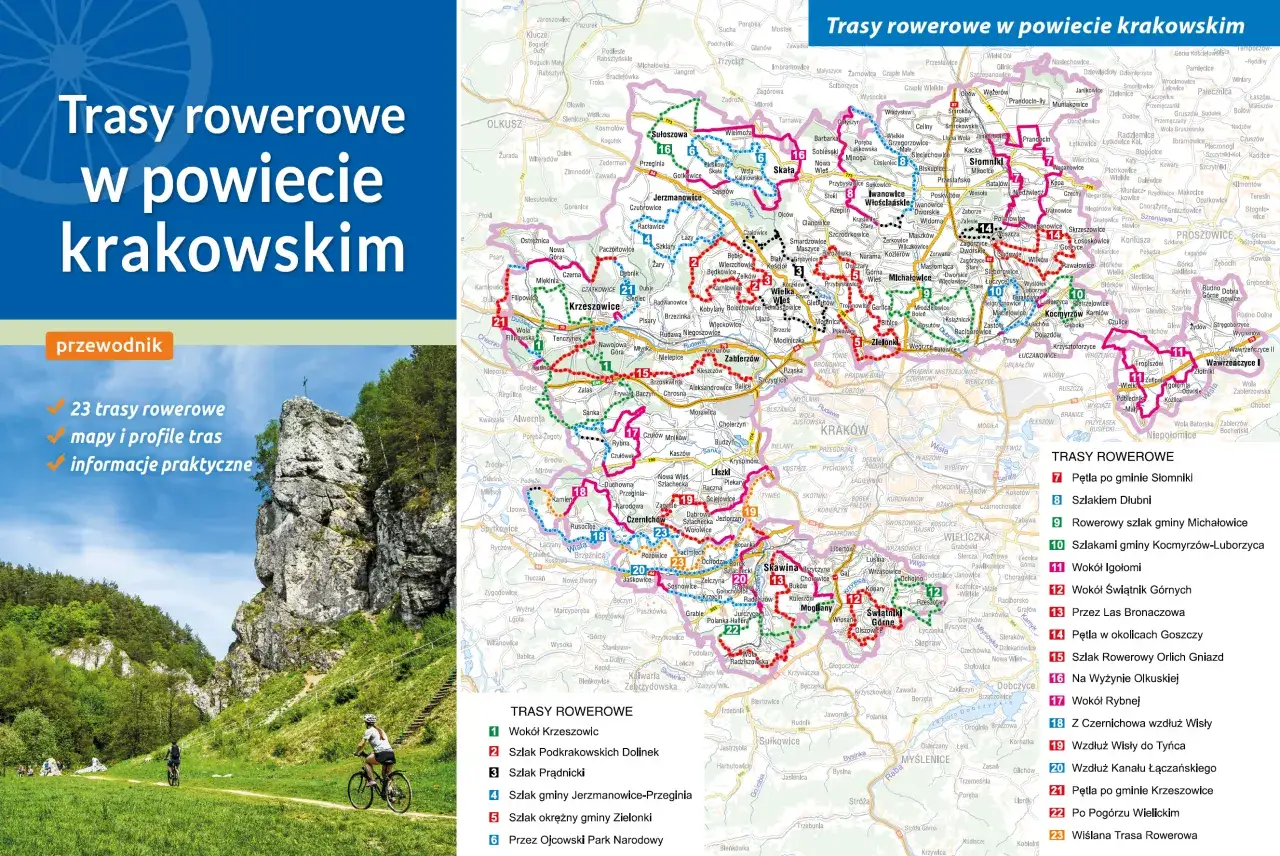 Mapa tras rowerowych w powiecie krakowskim, w tym szlak rowerowy przez Ojcowski Park Narodowy.