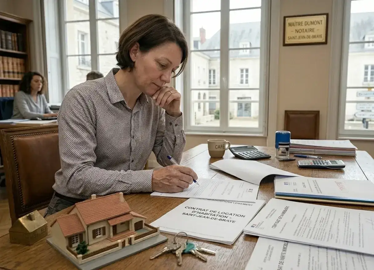 Notaire rédige un contrat de location, une maquette de maison et des clés sur la table. Elle semble préoccupée par un possible trouble de jouissance.