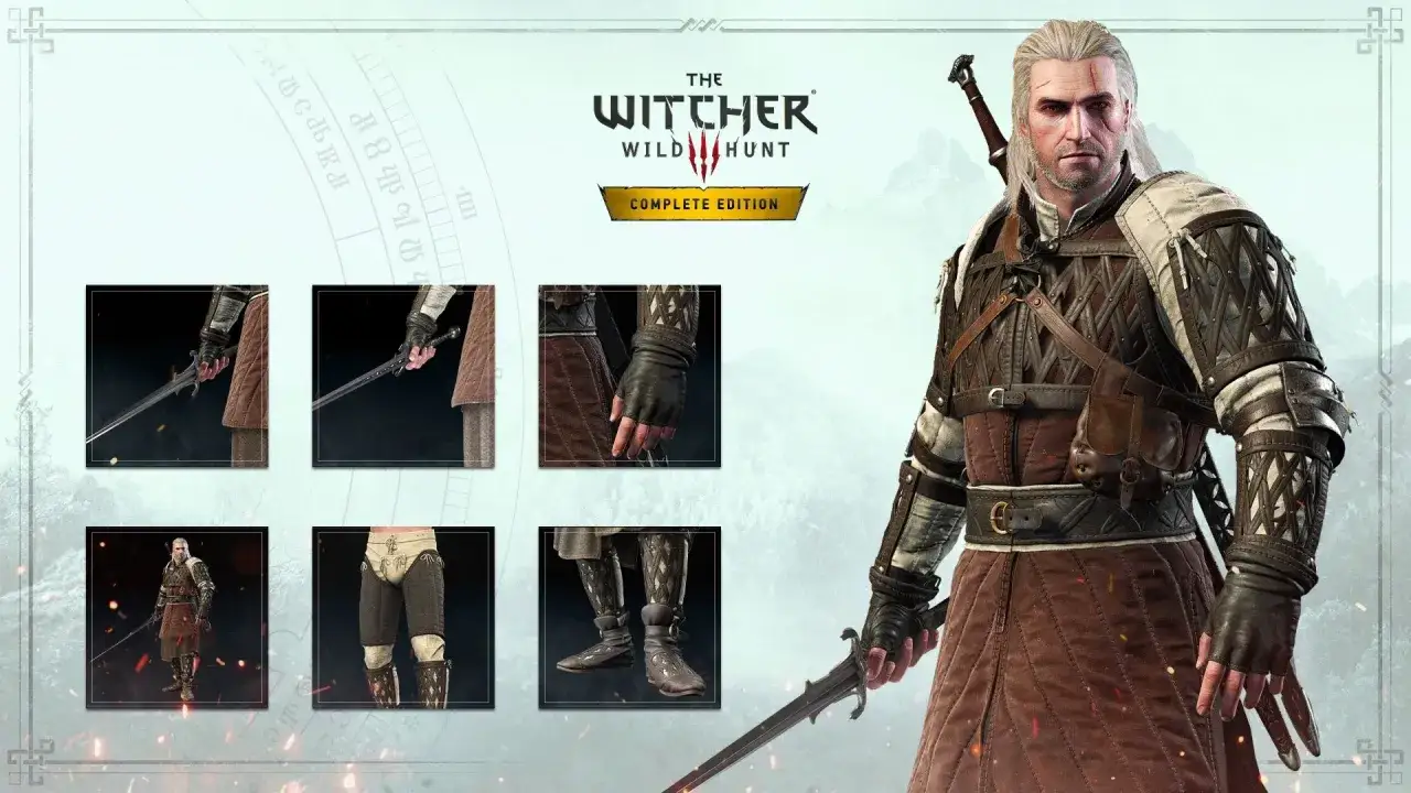 Geralt z Rivii w zbroi z Wiedźmin 3 Wieczne Odpoczywanie. Detale stroju i mieczy.