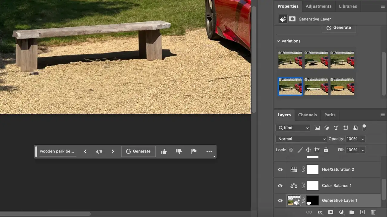 Wypełnienie generatywne Photoshop tworzy warianty sceny z ławką i czerwonym samochodem.