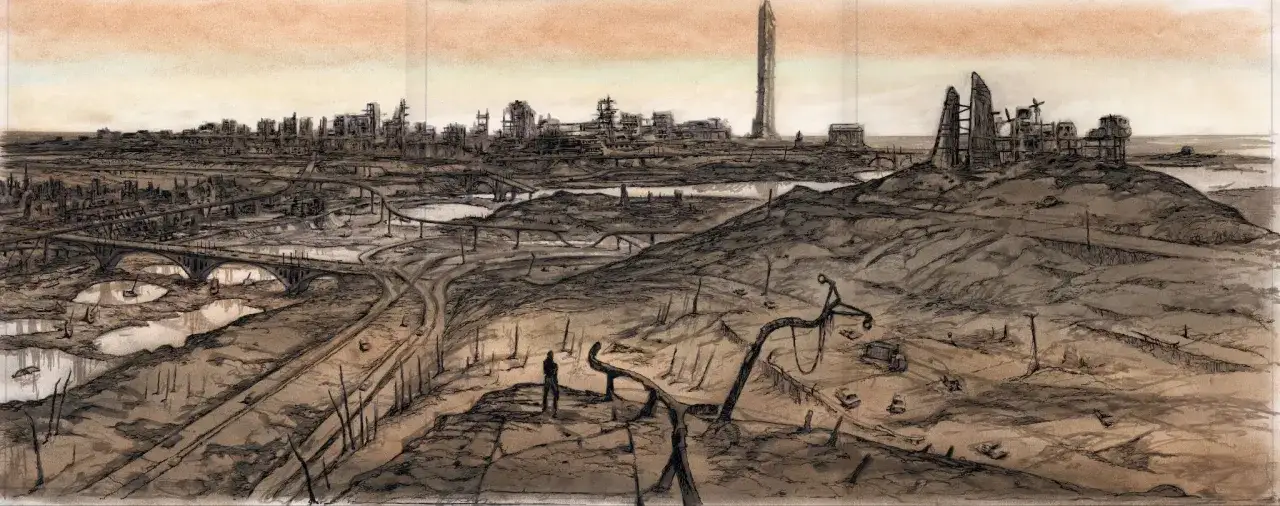 Postapokaliptyczny krajobraz zniszczonego miasta, mostów i dróg, przypominający wizję **Fallout 3 remaster**.