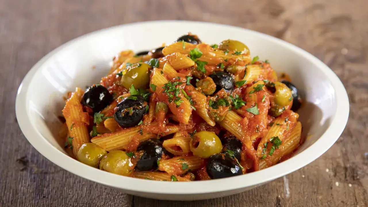 Penne al sugo rosso con olive nere e verdi, capperi e prezzemolo. Un piatto di pasta alla puttanesca invitante e saporito.