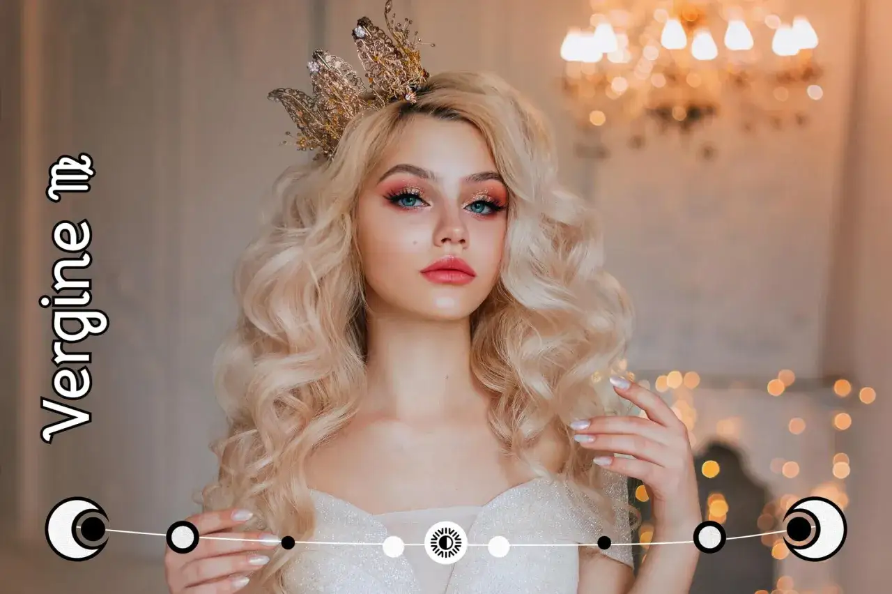 Królowa z koroną, blond włosami i makijażem. Tekst 
