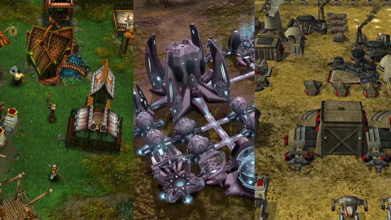 Trzy sceny z gier strategicznych: zielona wioska, fioletowa obca baza i przemysłowa forteca. Prawdziwy **warcraft rumble**!
