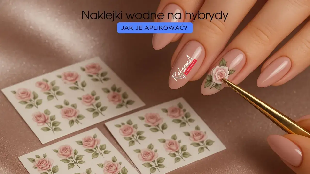 Delikatne naklejki wodne z r&oacute;żami na paznokcie hybrydowe. Złote pęsety pomagają w precyzyjnym umieszczeniu wzoru, pokazując, jak przyklejać naklejki na paznokcie.