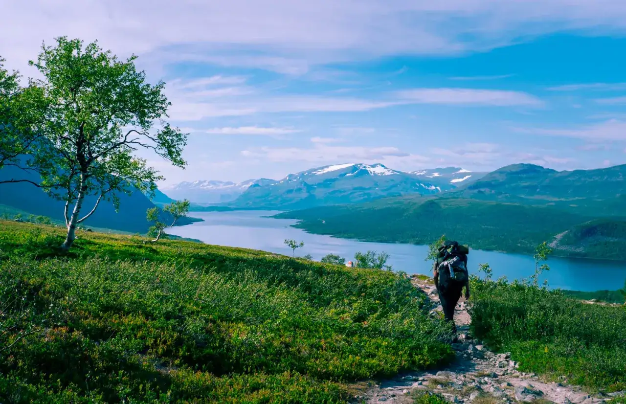 Vandra i Norrland med storslagen utsikt &ouml;ver sj&ouml; och sn&ouml;kl&auml;dda berg. En ensam vandrare med ryggs&auml;ck f&ouml;ljer en stenstig genom gr&ouml;nskan.