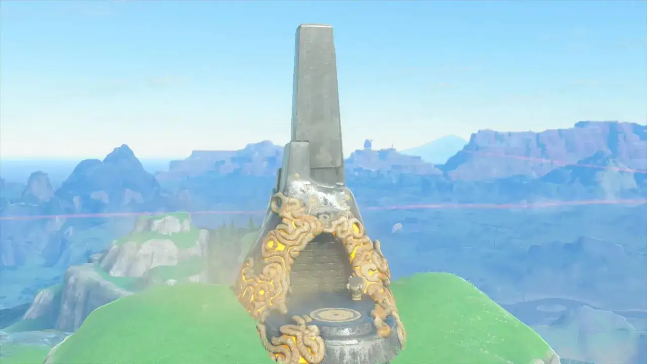Monolito antiguo con grabados dorados, similar a la canci&oacute;n del festival Zelda, en un paisaje monta&ntilde;oso.