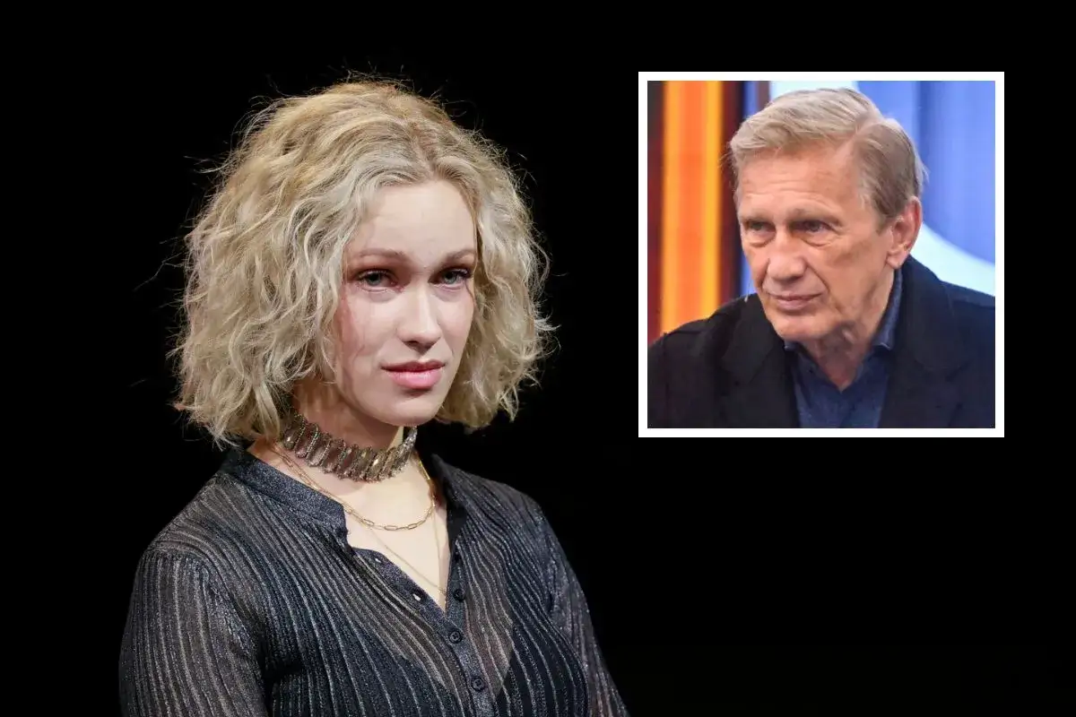 Katarzyna Englert z siwiejącym Małgorzatą Englertem w tle.