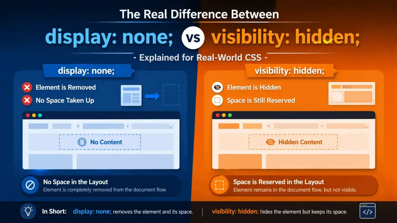 R&oacute;żnica między `display: none;` a `visibility: hidden;` w CSS: pierwszy usuwa element i jego przestrzeń, drugi ukrywa, zachowując miejsce.