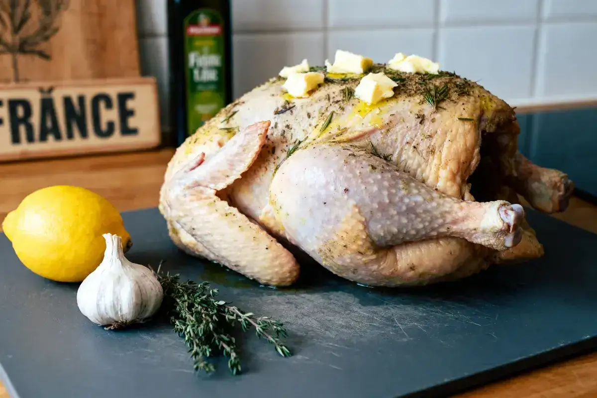 Un poulet au four, prêt à être cuit, avec du citron, de l'ail et des herbes. Des dés de beurre sont posés sur le dessus.