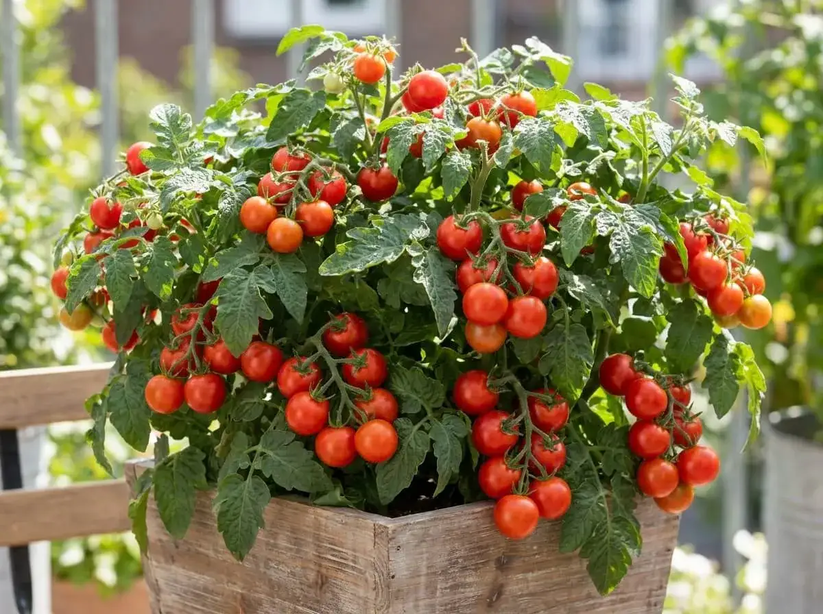 Un pied de tomate cerise débordant de fruits rouges, prêt à être cueilli.