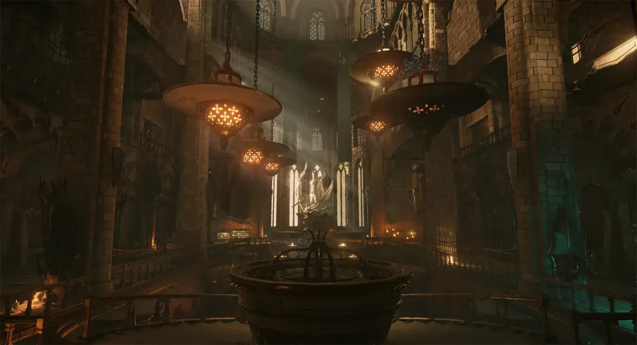 Mroczna katedra z wiszącymi lampami i posągiem, przypominająca scenę z gry Legacy of Kain.