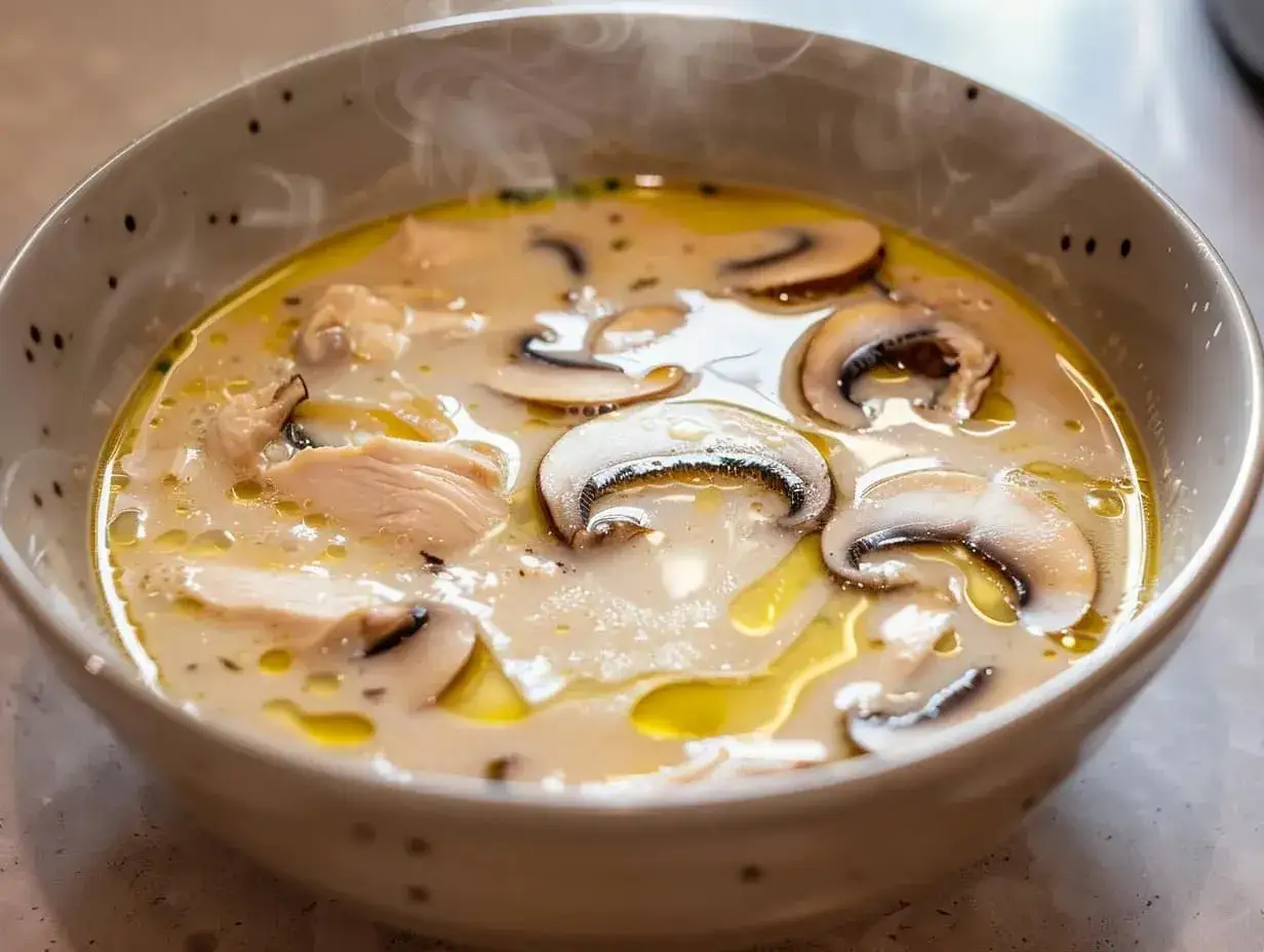 En skål med ångande tom kha gai, en krämig thailändsk kycklingsoppa med champinjoner och strimlad kyckling.