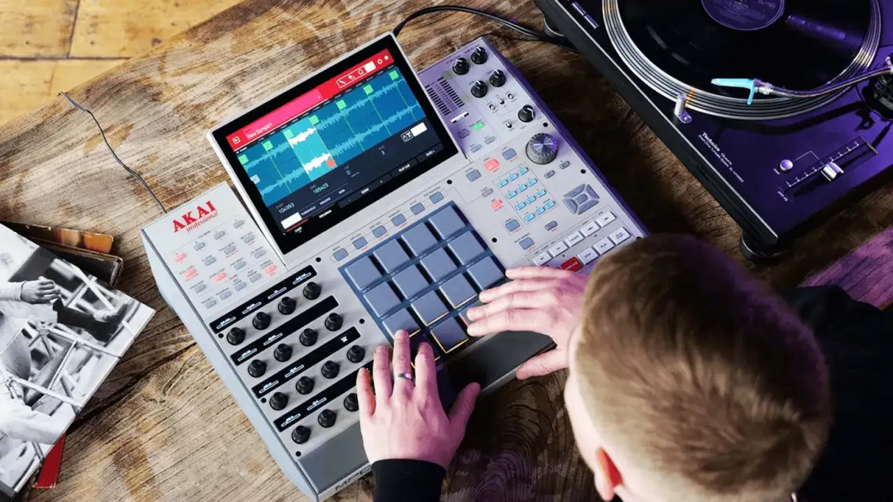 Producent muzyczny tworzy beaty na MPC 60, obok leżą płyty winylowe i gramofon.