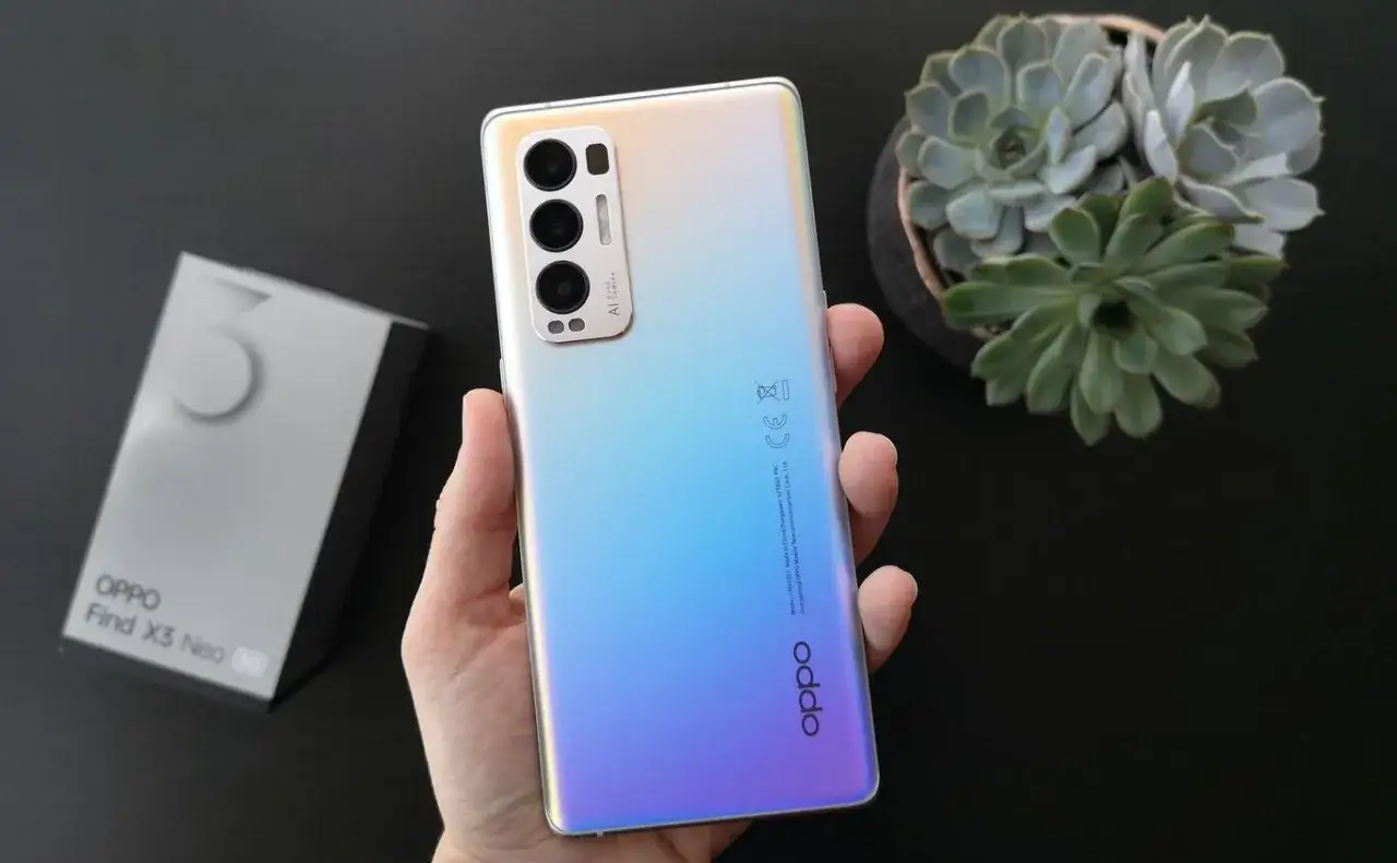 Oppo Find X3 Neo w gradientowym etui, obok pudełka i sukulent&oacute;w.