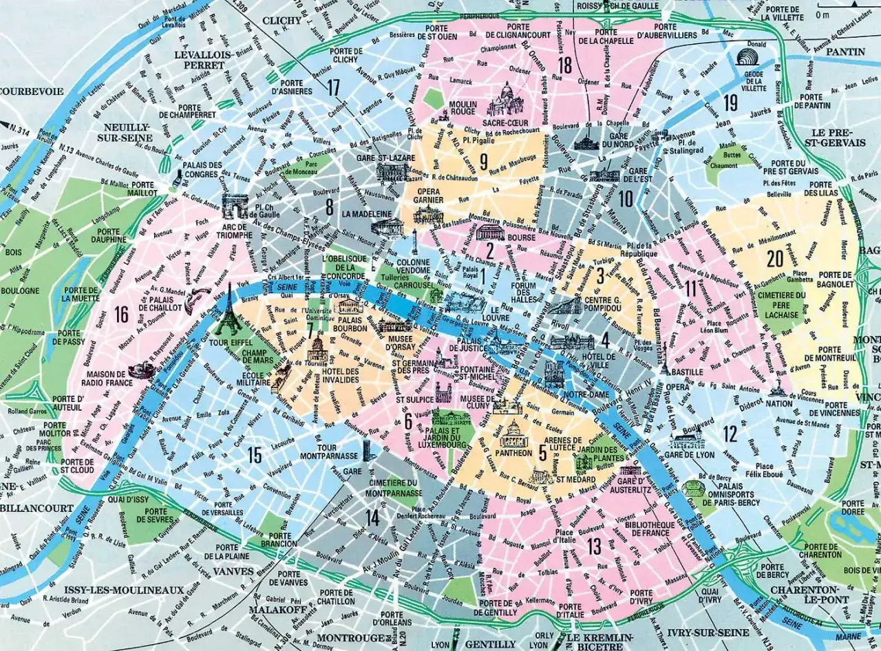 Mapa Paryża z zaznaczonymi dzielnicami, w tym obszarami, które można by uznać za najgorszą dzielnicę Paryża, z widocznymi nazwami ulic i zabytków.
