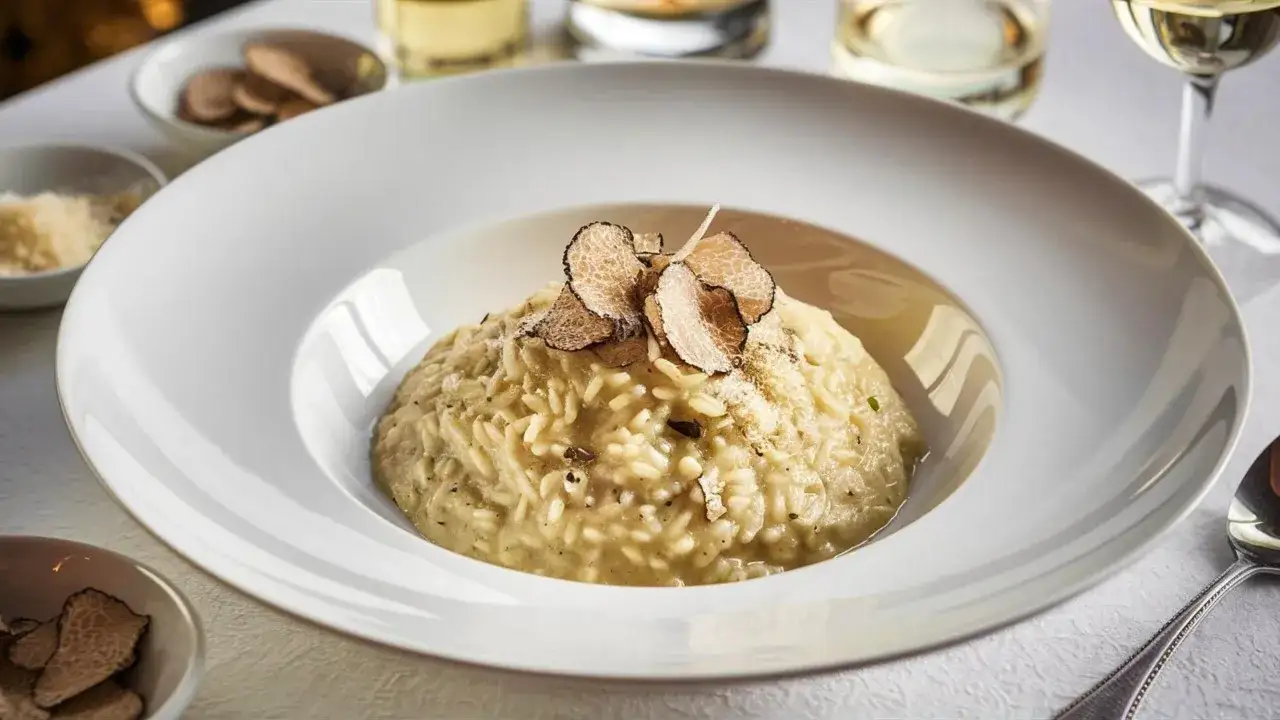 Un crémeux risotto à la truffe, garni de fines lamelles de truffe noire, servi dans une assiette blanche élégante.
