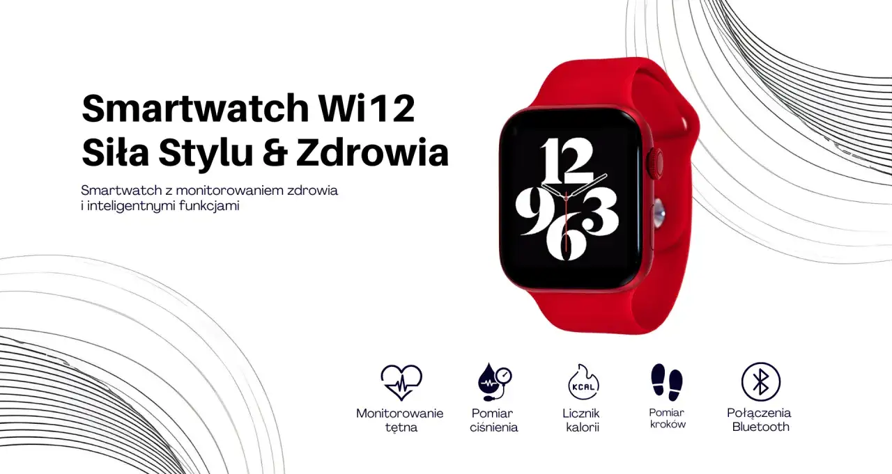 Czerwony smartwatch Wi12 monitoruje tętno, ciśnienie, kalorie i kroki. Czy smartwatch jest szkodliwy dla zdrowia? Ten model dba o Twoje samopoczucie.