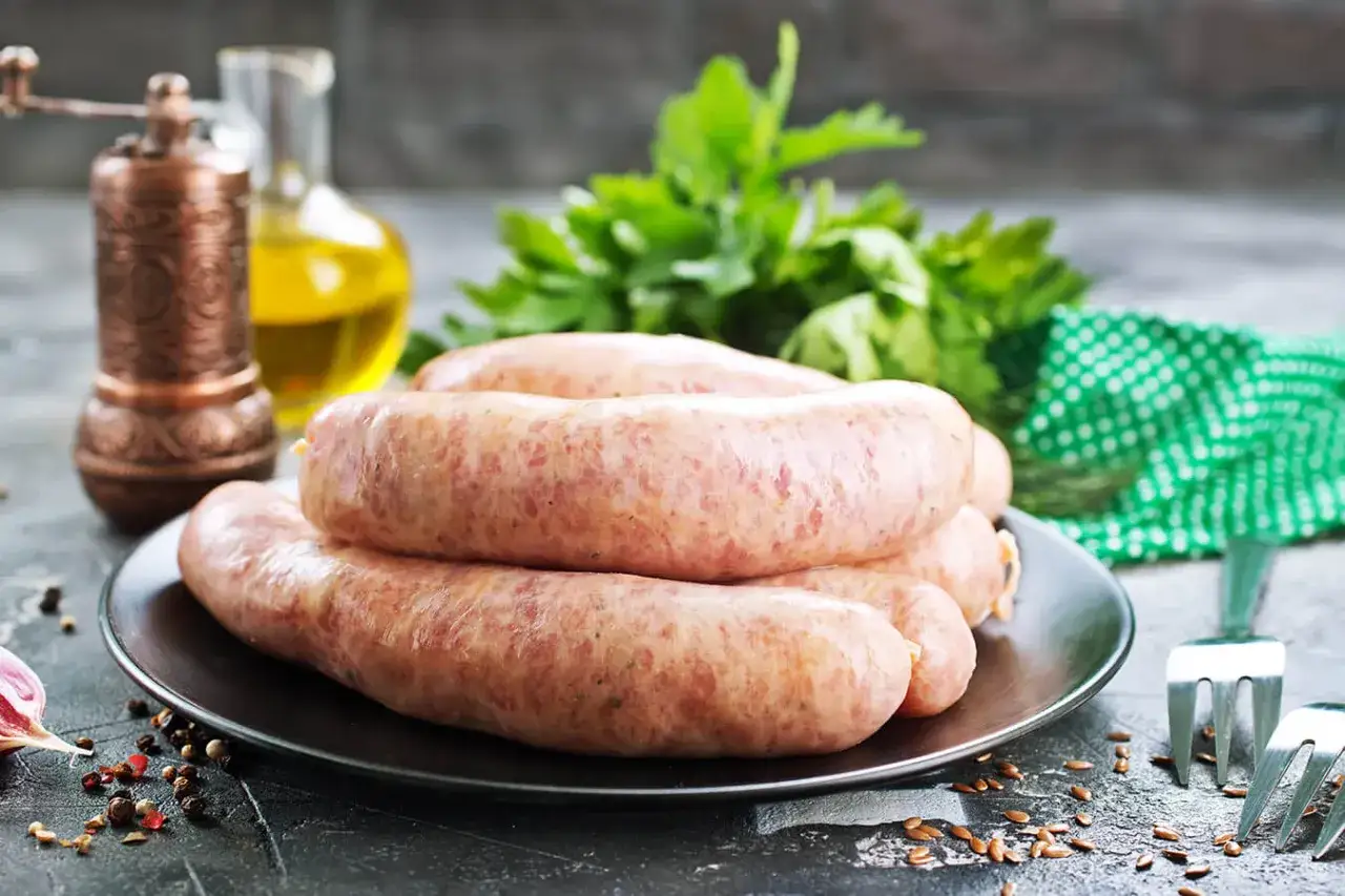 Surowe kiełbaski na talerzu, obok młynka do pieprzu i ziół. Zastanawiasz się, jak długo można mrozić kiełbasę?