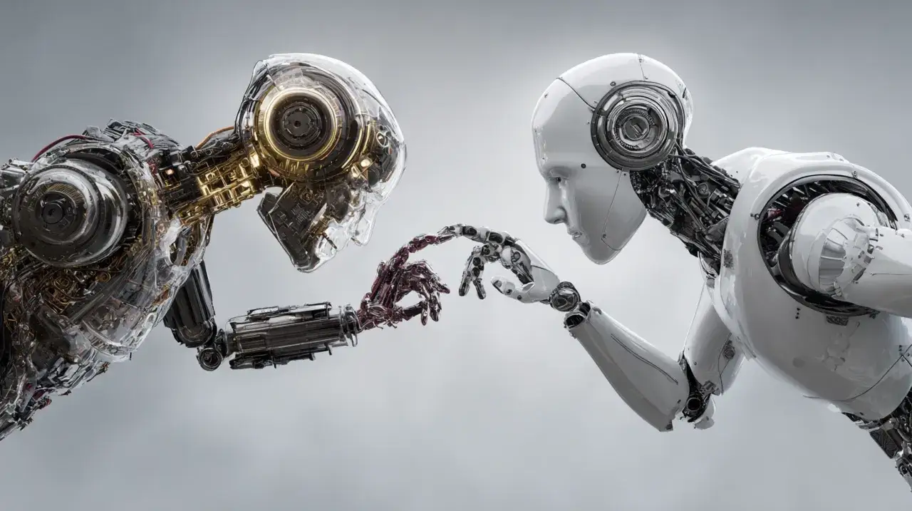 Dwa roboty, jeden z widocznymi mechanizmami, drugi gładki, wyciągają do siebie dłonie. To pokazuje, co to jest bot &ndash; zaawansowana maszyna.