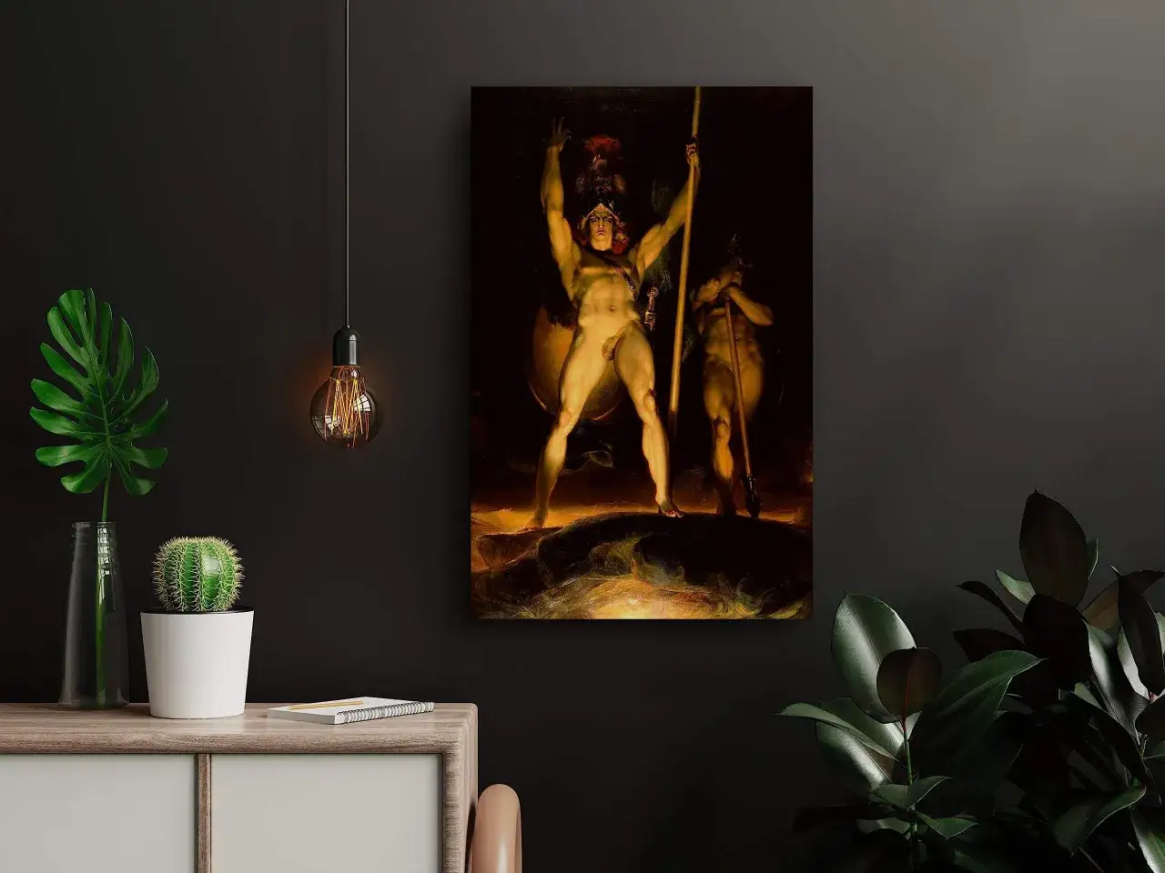 A dramatic painting depicts Satan summoning his legions, with a central, muscular figure raising a spear and another figure standing behind him.