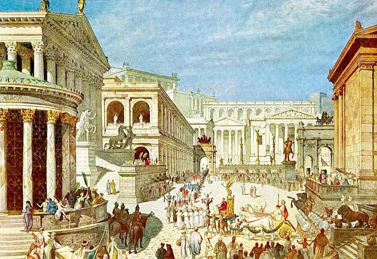 Antike römische Stadtansicht mit vielen Menschen, Wagen und prächtigen Gebäuden. Die Patrizier, die hier das Leben bestimmten, genossen diesen Anblick.