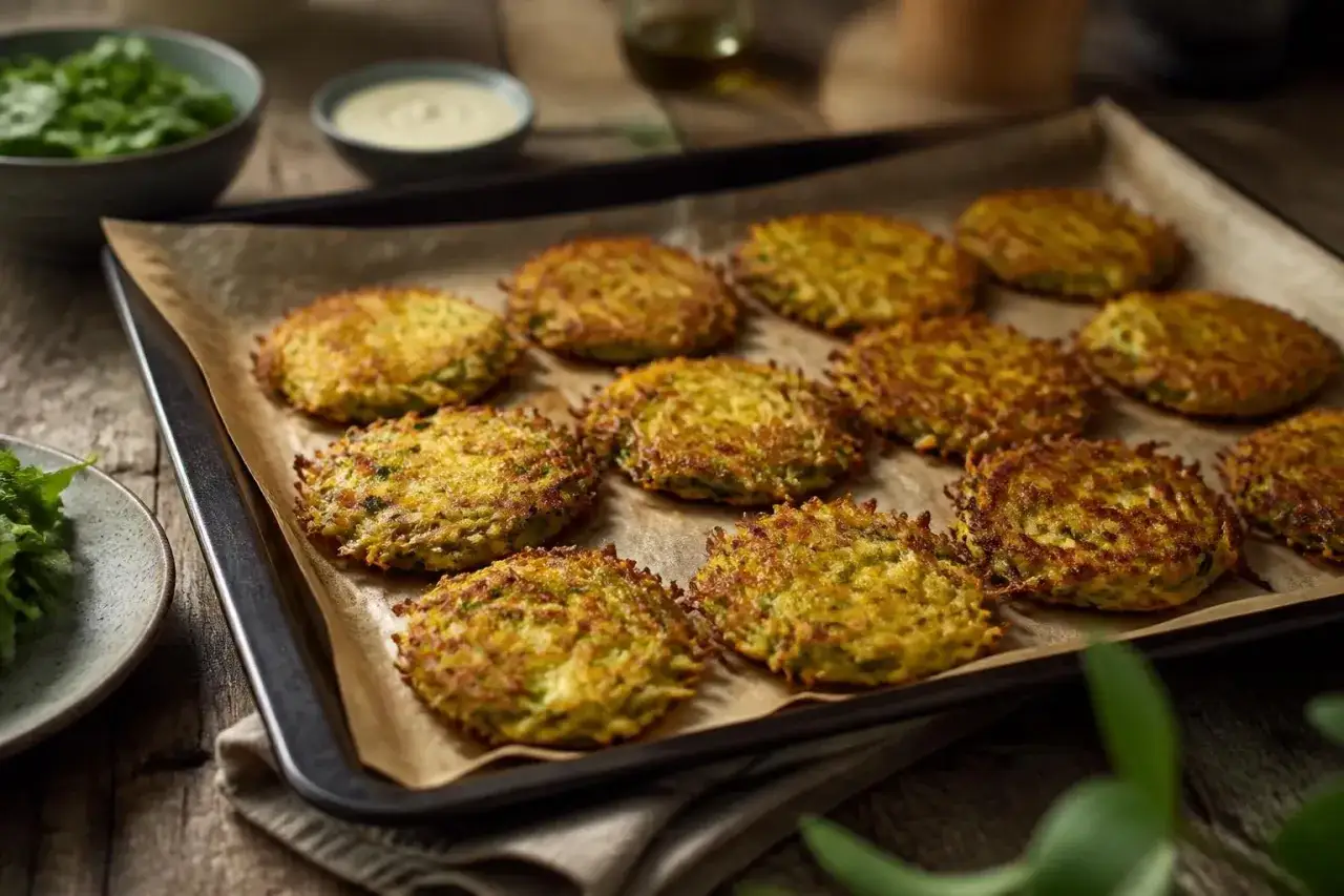 Goldbraune zucchini kartoffel puffer auf einem Backblech, bereit zum Servieren mit einem Dip und Salat.