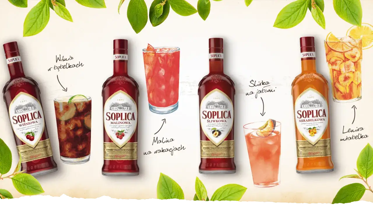 różne butelki Soplicy i kolorowe drinki