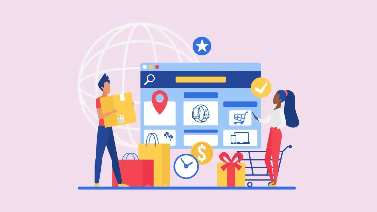 Personajes comprando en l&iacute;nea, mostrando productos que se venden m&aacute;s por internet: relojes, electr&oacute;nica y m&aacute;s.