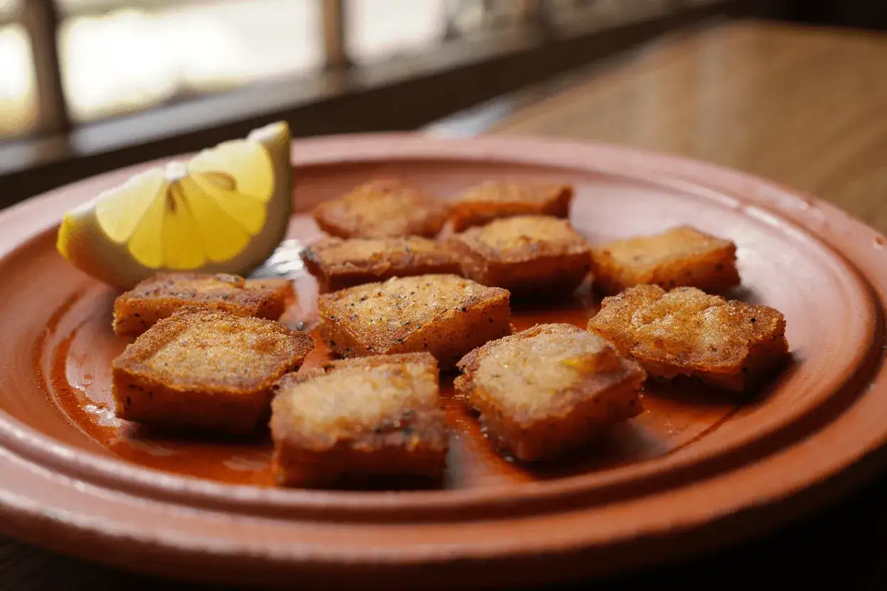 Bocaditos dorados de bacalao rebozado, crujientes y listos para disfrutar, acompa&ntilde;ados de un gajo de lim&oacute;n fresco.
