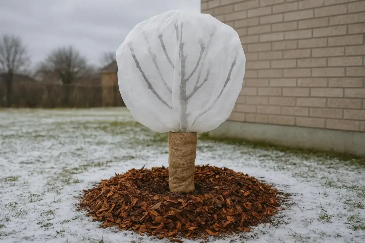 Un jeune arbre, protégé par une housse blanche, attend le printemps. Le tronc est entouré de toile de jute et le sol est couvert de copeaux de bois. C'est une belle image de la préparation pour planter un figuier.