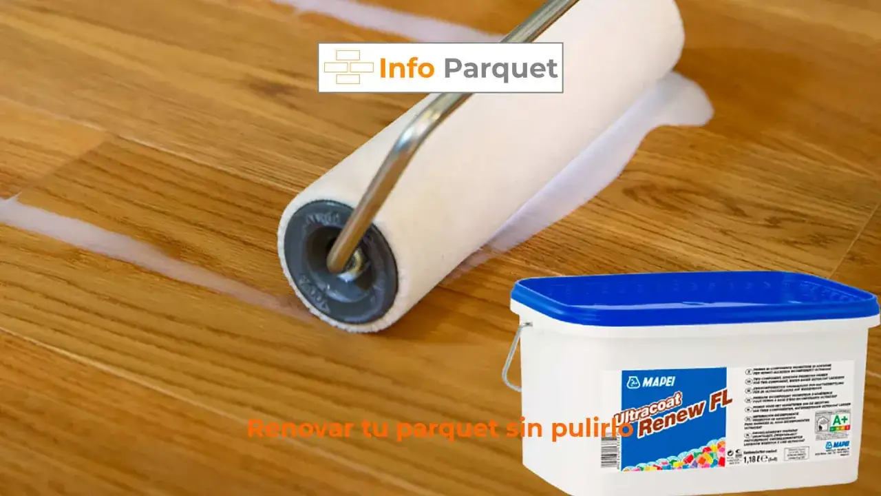 Rodillo aplicando producto para reparar parquet sin acuchillar. Cubo de Mapei Ultracoat Renew FL al lado.