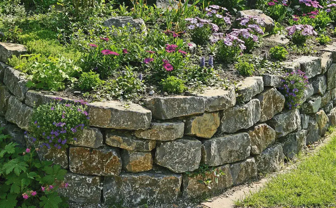 Eine stabile natursteinmauer bauen, die mit bunten Blumen und grünen Pflanzen bepflanzt ist.
