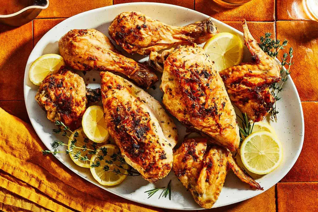 Sabroso pollo al limón asado, dorado y jugoso, servido con rodajas de limón fresco y hierbas aromáticas.