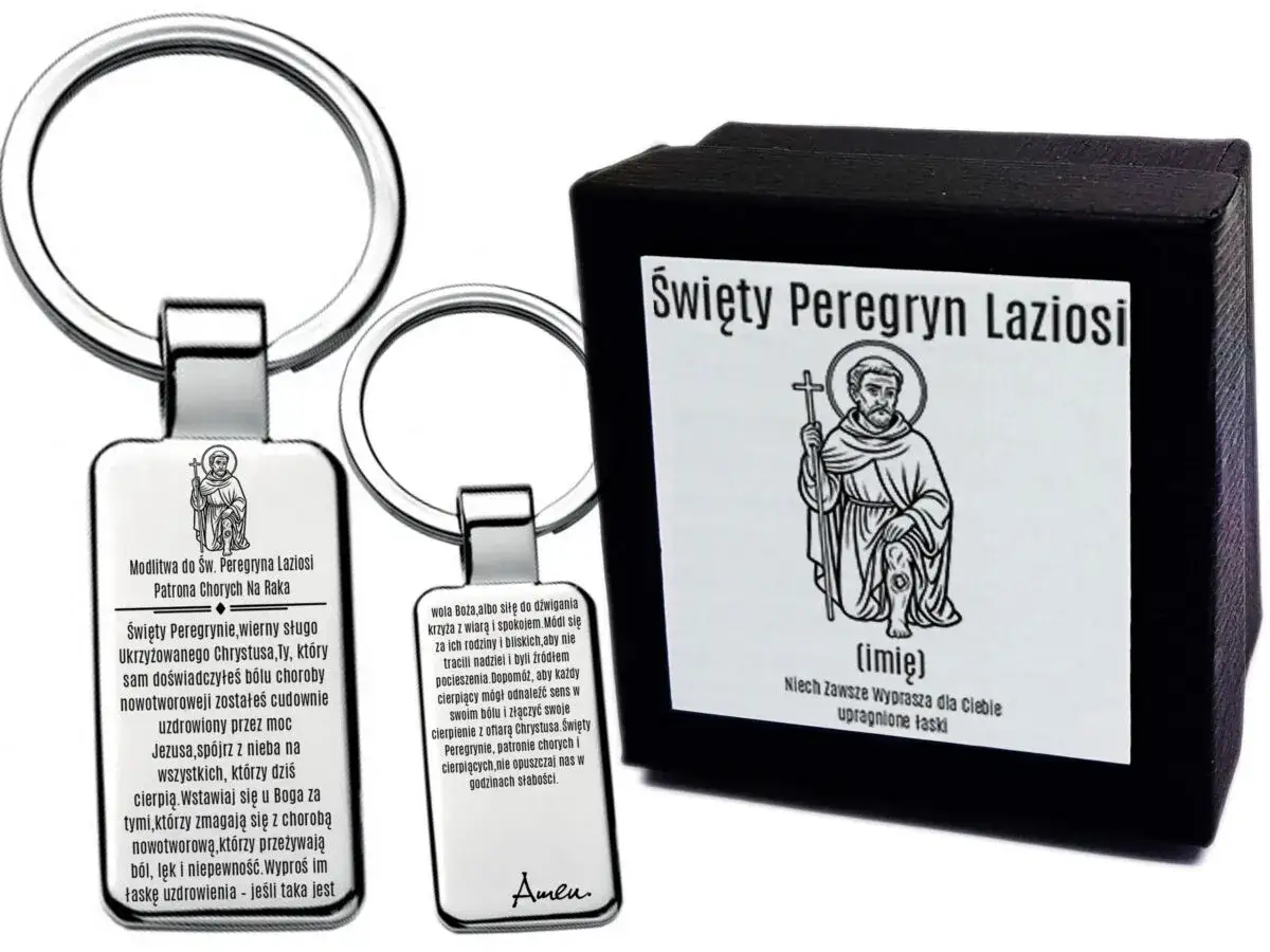 Brelok z wizerunkiem św. Peregryna Laziosi, patrona chorych na raka. Modlitwa o uzdrowienie i siłę w cierpieniu.