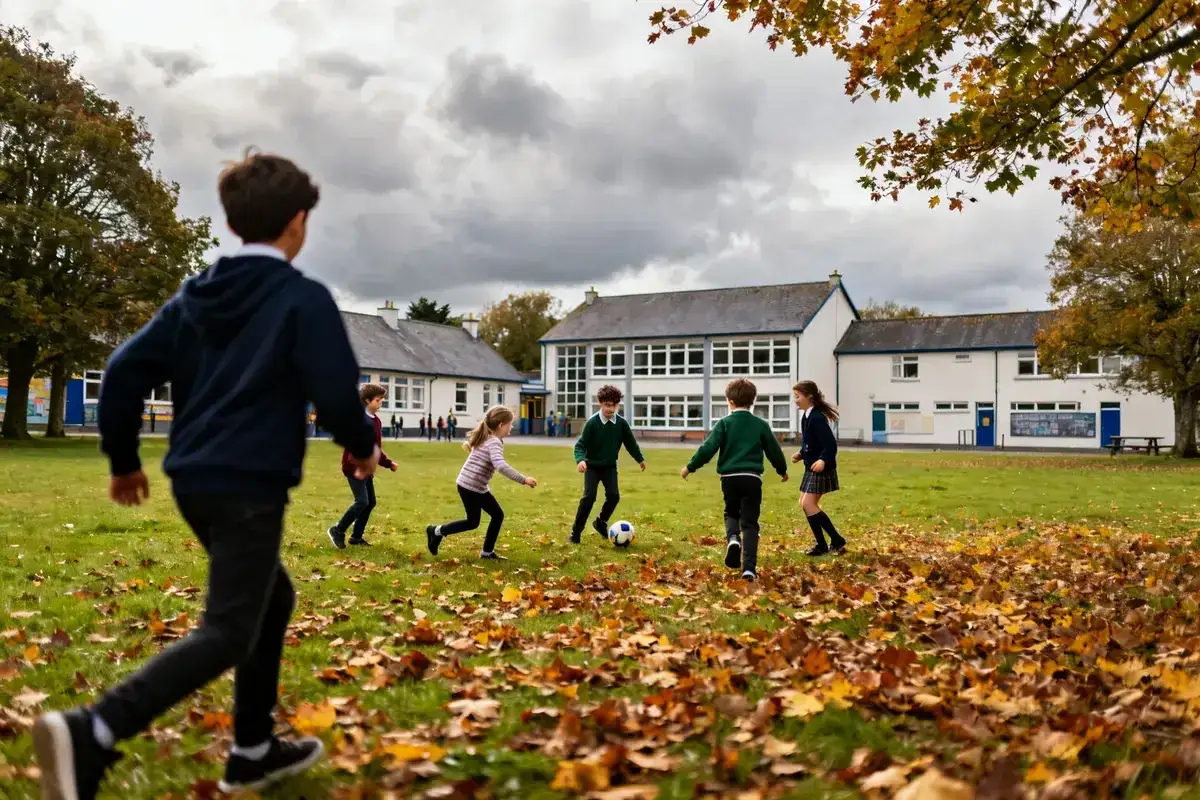 Enfants jouant au football dans la cour d'une école irlandaise, profitant des **vacances scolaires** avant la rentrée.