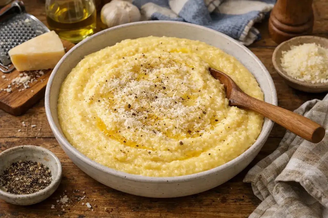 Un bol de polenta crémeuse, garnie de parmesan râpé et de poivre noir. Une recette réconfortante parfaite pour un repas simple.