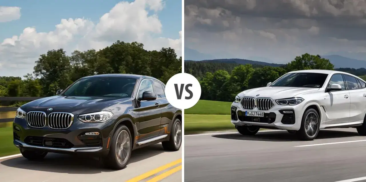 Dwa luksusowe SUV-y BMW: ciemnoszary X4 i biały X6, jadące po drogach pośród zieleni.