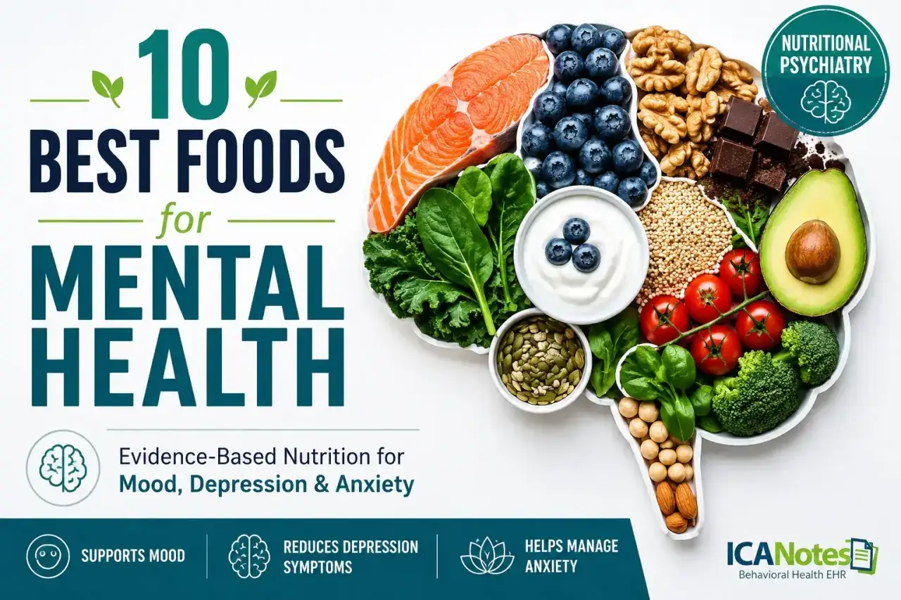 10 najlepszych superfoods dla zdrowia psychicznego: łosoś, jagody, orzechy, czekolada, awokado, brokuły, pomidory, nasiona, jogurt, jarmuż.