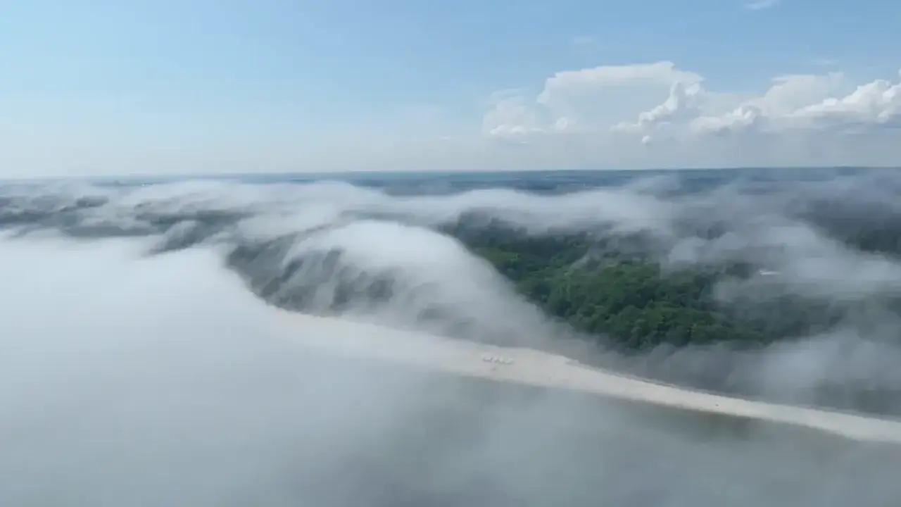 Mgła nad morzem otula piaszczystą plażę i zielony las. Widok zapiera dech w piersiach, jakby świat zanurzył się w chmurach.