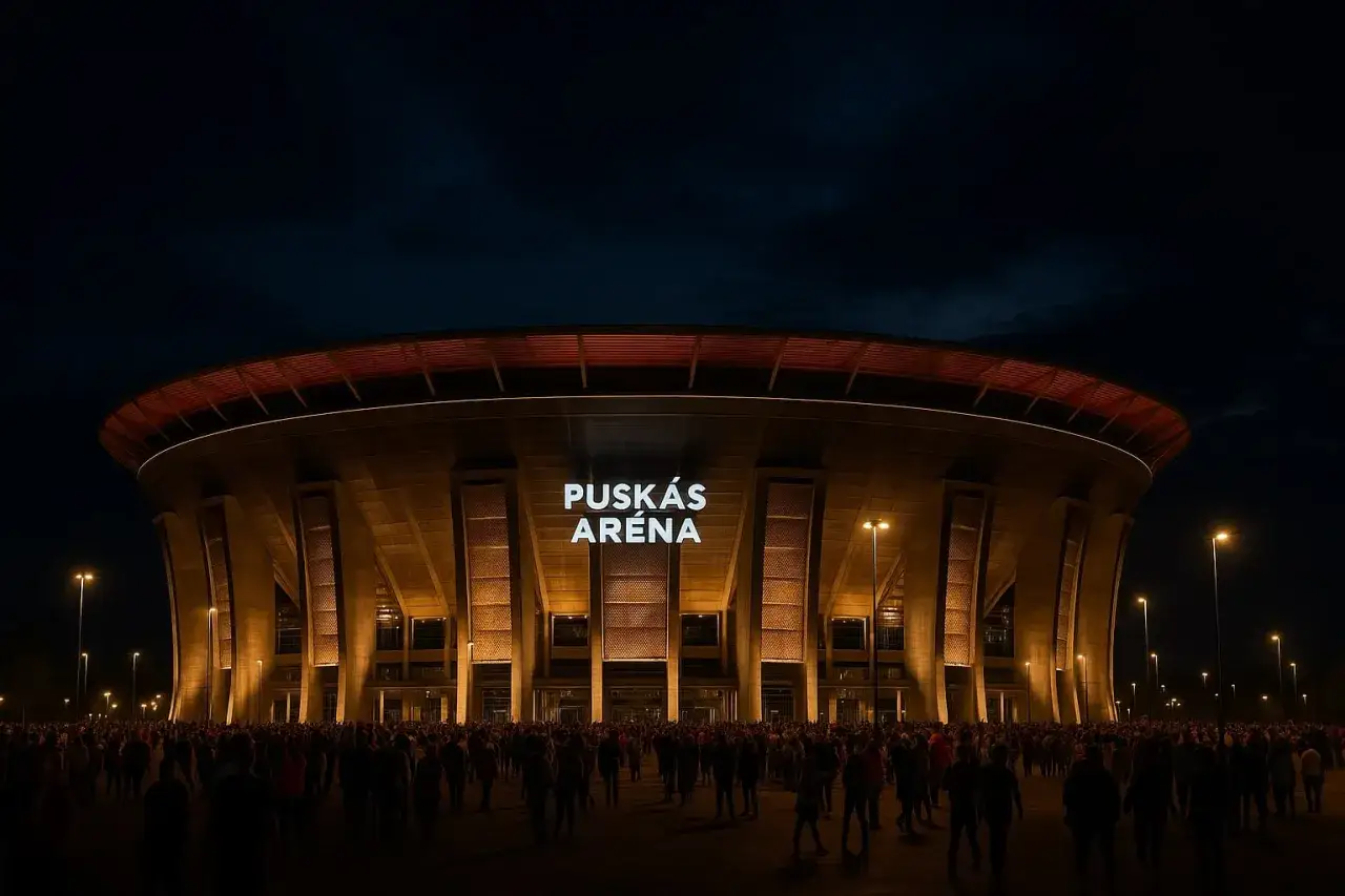 Tłum ludzi przed Puskás Aréną, nocą. Czy to miejsce finału Ligi Mistrzów?