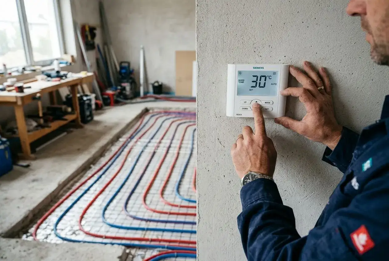 Mise en chauffe plancher chauffant avant carrelage : un technicien ajuste le thermostat Siemens à 30°C pour le préchauffage.