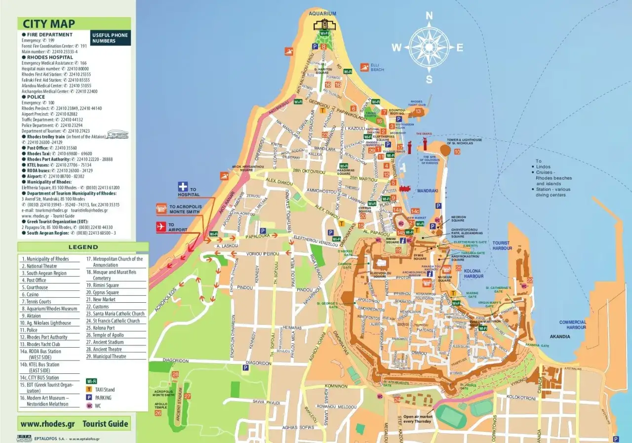 Mapa Rodos pokazuje liczne punkty turystyczne, szpitale i posterunki policji, co sugeruje, że Rodos jest bezpieczne.