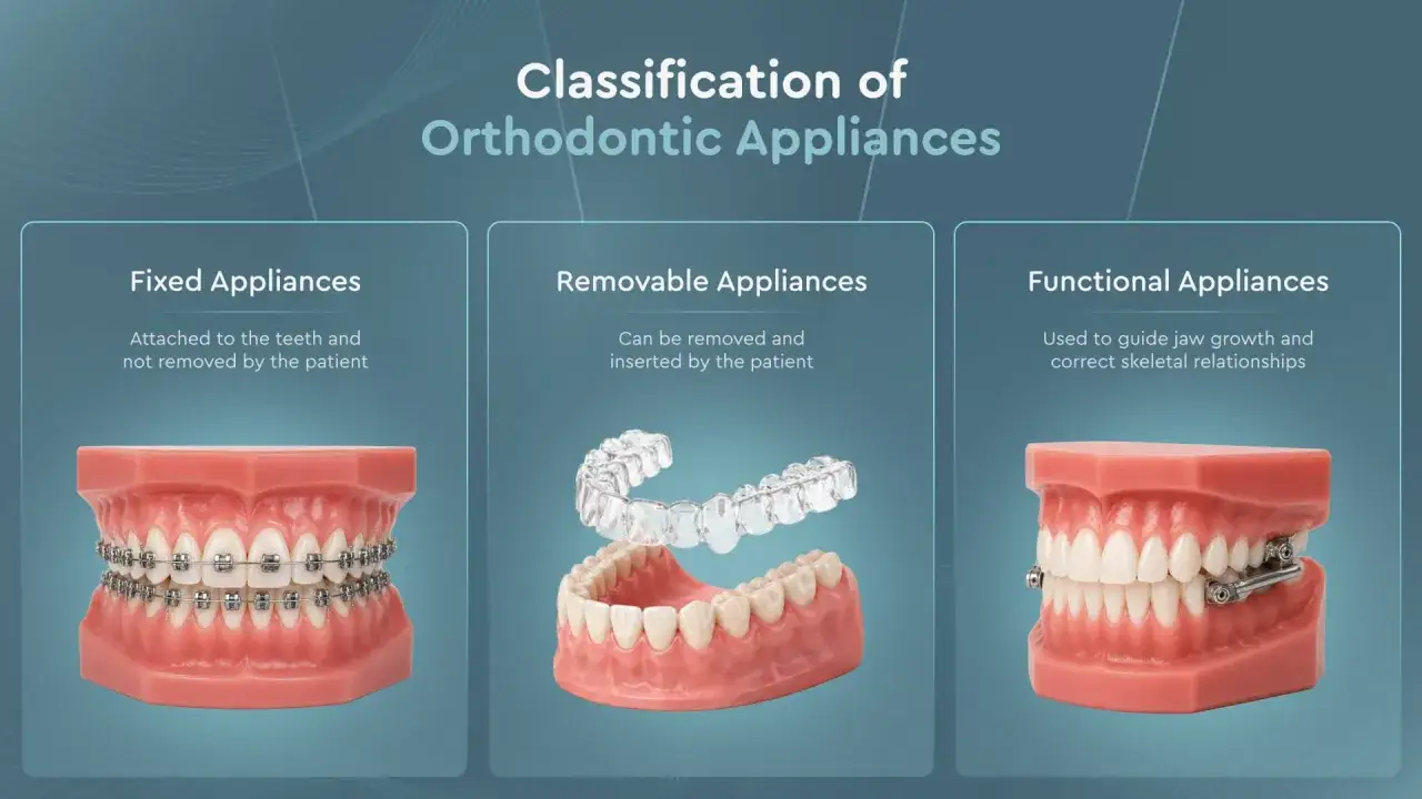 Clasificación de aparatos ortodoncia removibles y fijos. Muestra modelos dentales con brackets, alineadores transparentes y aparatos funcionales.